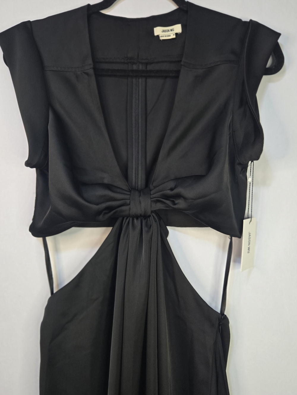 Jason Wu Size M Black Satin Cut-out Maxi Dress NWT Front Knot Detail V- Neckline - Picture 5 of 10